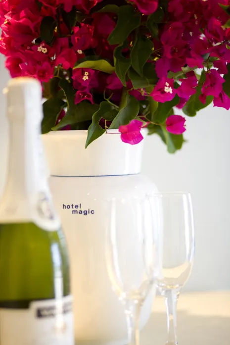 Bougainvillea over a bottle of sparkling wine and two glasses