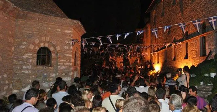 Crowds at a summer night festival on Skiathos